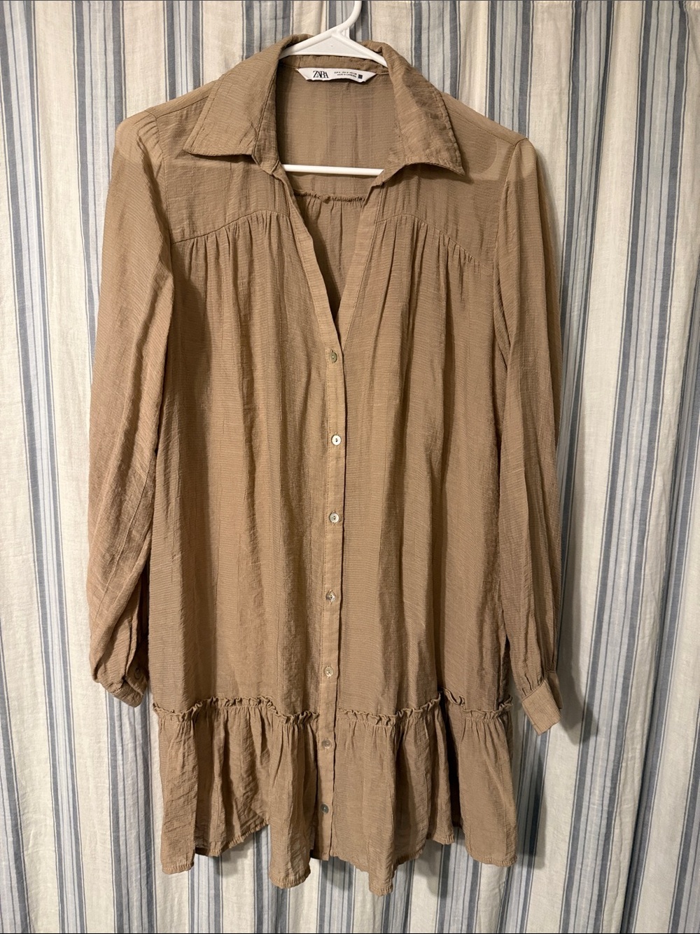 Zara Lightweight Tan Button-Front Ruffle Hem Tunic